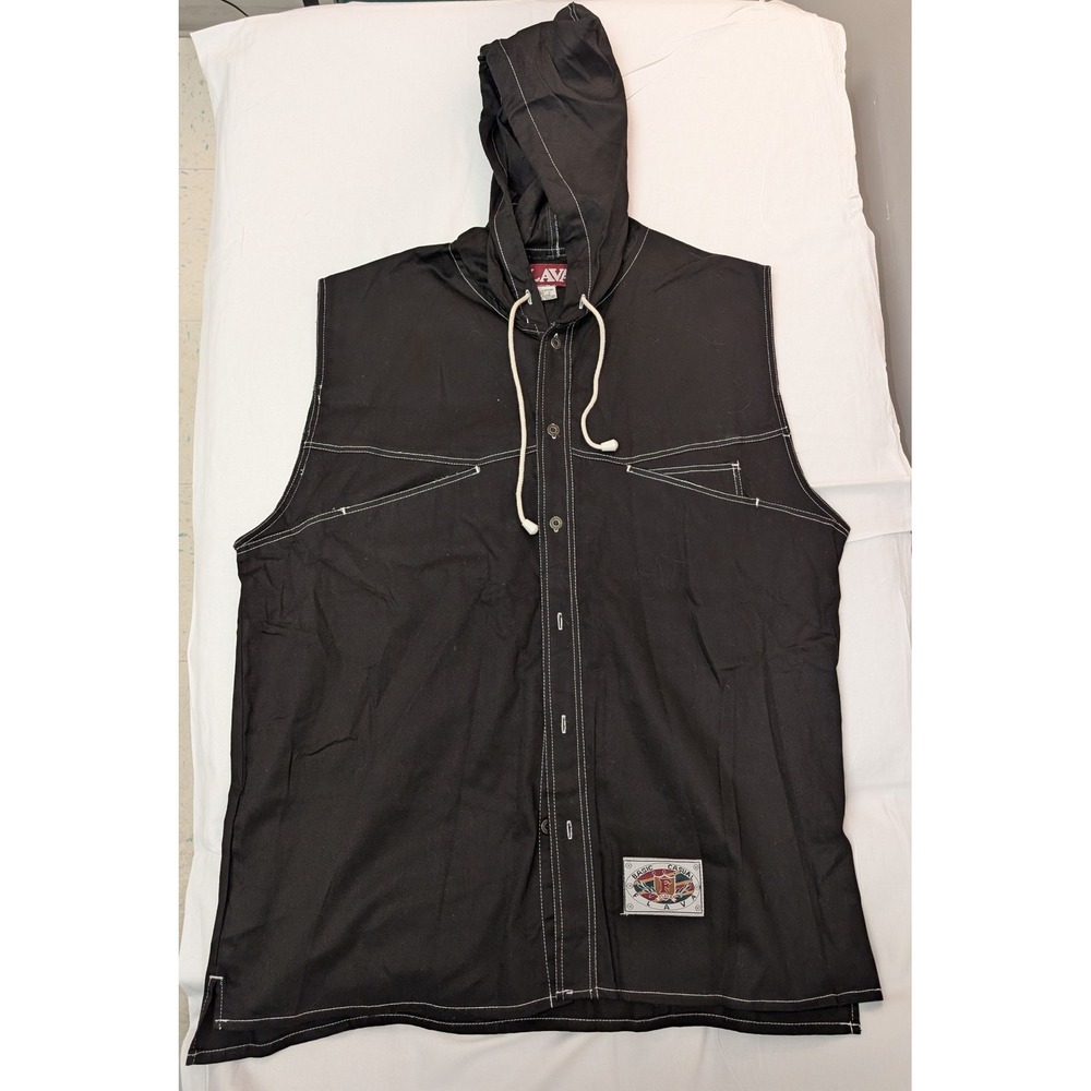 Flava Basic Casual Hooded Sleeveless Button Front Shirt Vest Black Cotton Size L